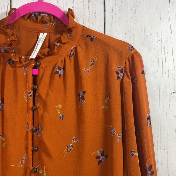 Anthropologie Womens Floral Boho Chiffon Button Front Puffed Sleeve Blouse - Picture 6 of 16